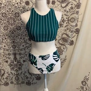 Cupshe Teal Stripe and Leaves Print Bikini